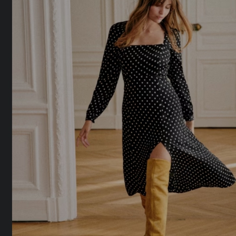 Elegant Black and Ecru Polka Dot Dress